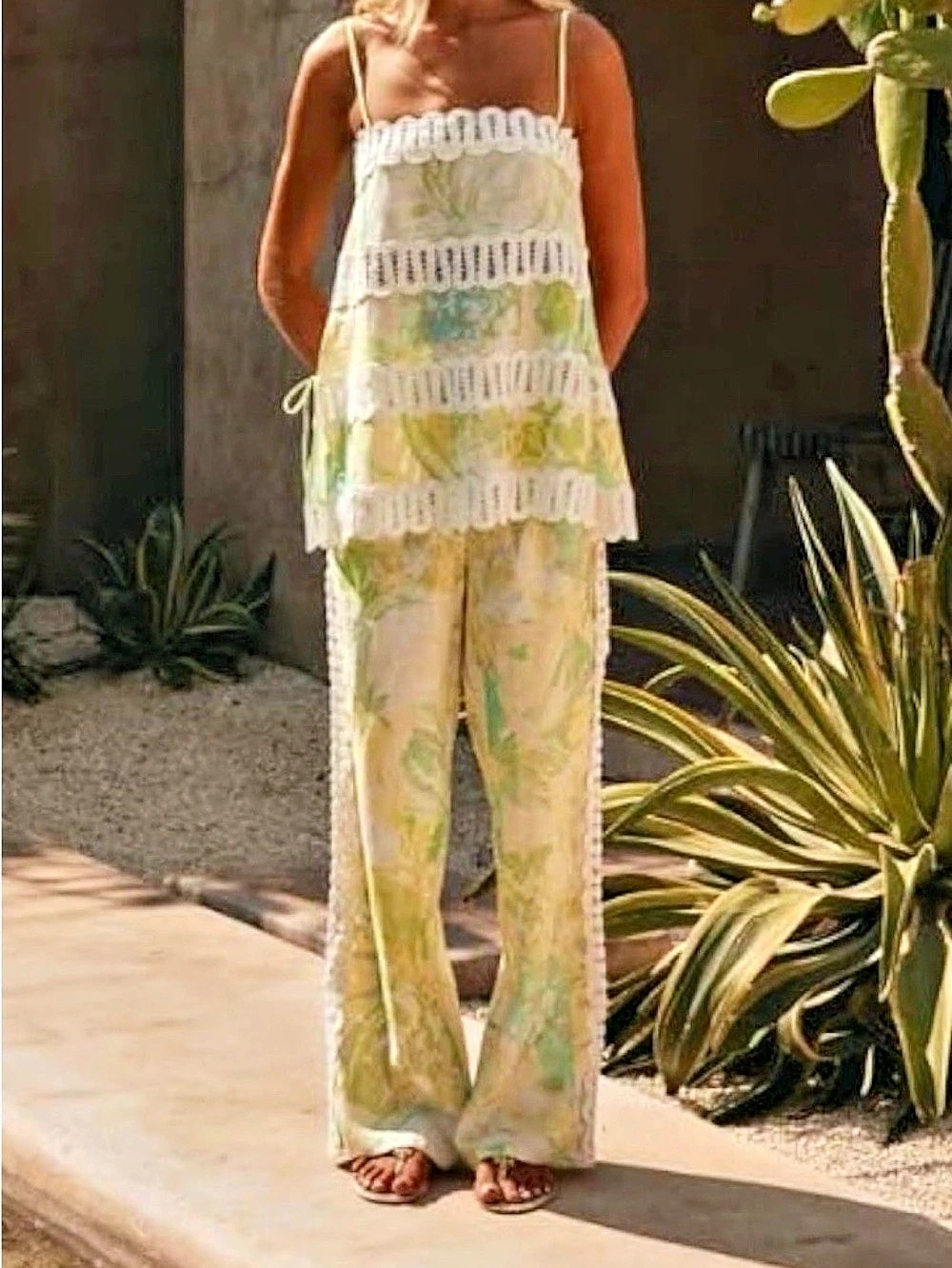 THLAI Womens 2 Piece Outfits Printed Linen Sexy Sleeveless Camisole Pants Set Ou